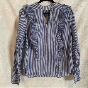 Blue/White striped ruffled long sleeve blouse